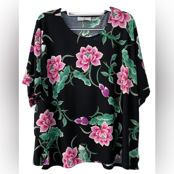 Natori Womens M Black Pink Floral Batwing Kimono Sleeve Oversized Blouse Top - Picture 7 of 10